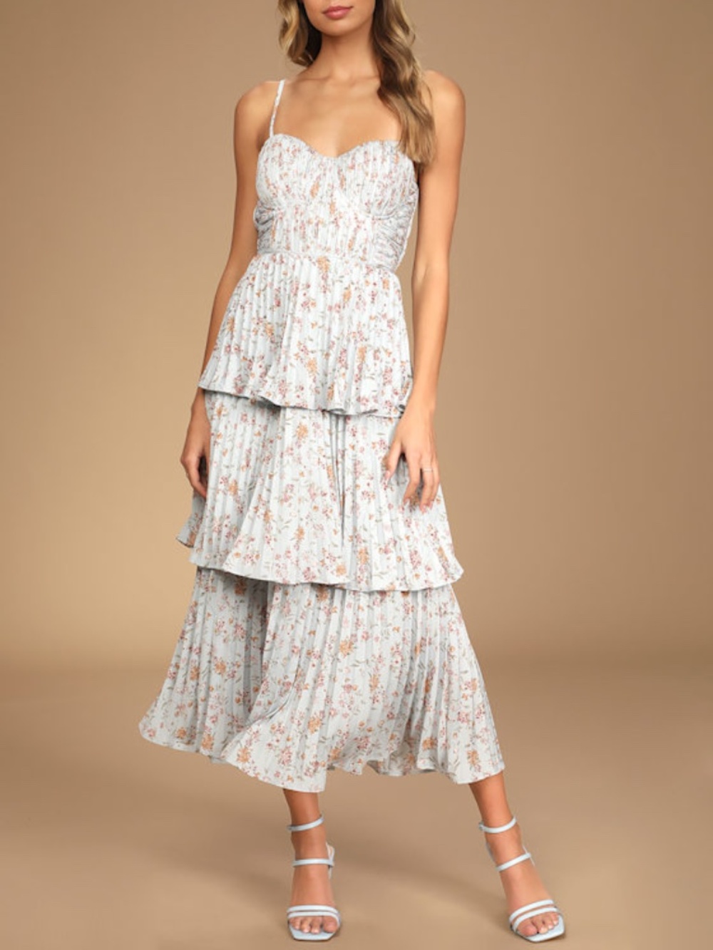 Lulus Cascading Crush Pale Blue Floral Print Tiered Bustier Midi Dress - Size L